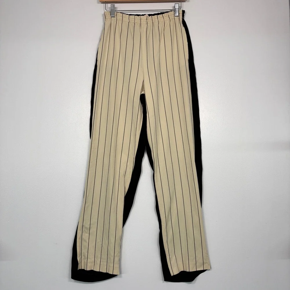 Tory Burch Women Pants Sz 0 Cream Black Rowing Stripe Colorblock Elastic Waist